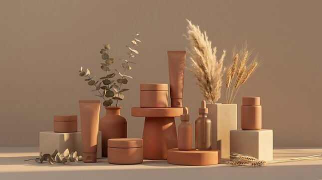 Natural cosmetic skincare bottles and cream jars on pedestals with dried pampas grass decor. Skincare bundle 