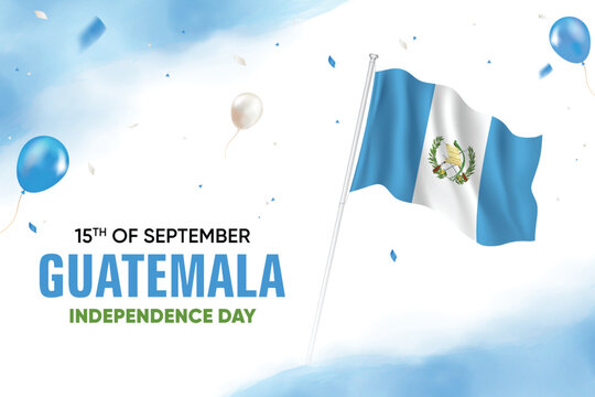 Guatemala Independence Day. Guatemala Flag Waving With Floating Balloons On Watercolor Grunge Backgorund Design Vector Illustration.