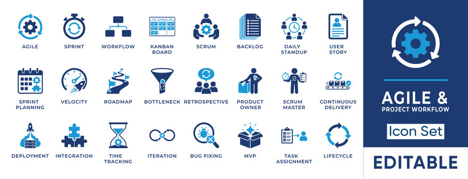 Agile and project workflow solid icon set. Includes symbols for Kanban Board, Scrum Master, and Continuous Delivery. Vector icons for software development, UI design, and web dashboards.