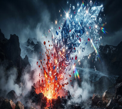 Geyser erupts crystallizing into lattices in vermillion Prussian gradient