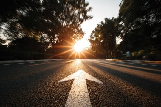Sunlit road with arrow pointing towards bright sunrise, motion blurred trees
