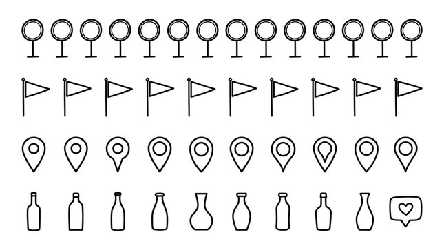 Comprehensive vector icon set featuring circles, pennant flags, location pins, bottles, and heart symbols in a clean outline minimalist style