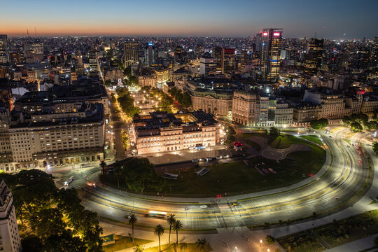 Aerial view of the Presidential Palace in Buenos Aires, Argentina at night.