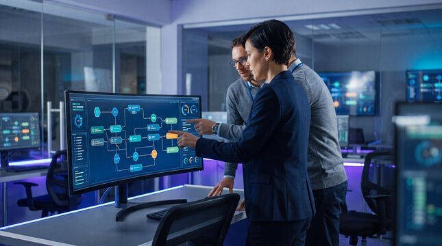 IT professionals collaborating on a complex data visualization, two engineers analyzing a software development flowchart on a large curved monitor, modern technology and business solutions.