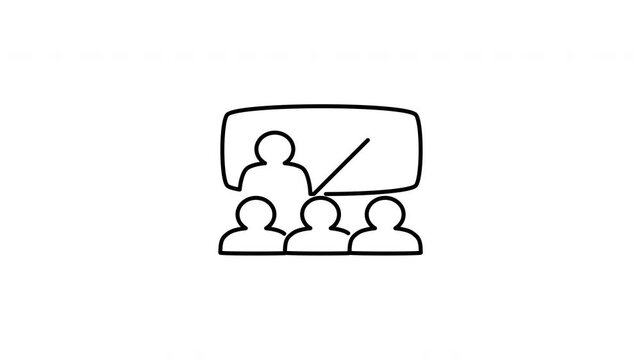 Minimalist outline animation of corporate classroom training workshop seminar icon drawing on and fading out. Features a clean pop up style in 3 color setups.