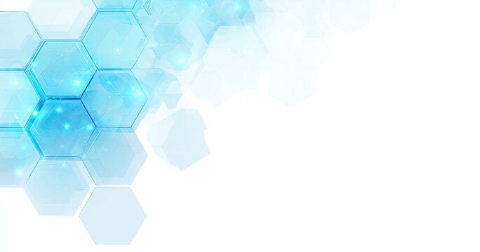 Abstract hexagonal pattern with glowing blue geometric shapes and sparkling lights