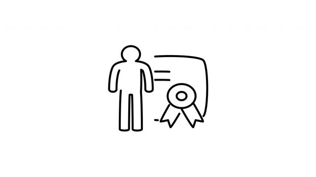 Minimalist outline animation of businessman with certified diploma document icon drawing on and fading out. Features a clean pop up style in 3 color setups.