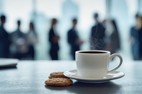Hot coffee and cookies sit on a table with blurred figures in background