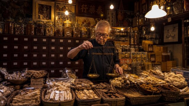 Chiang Mai Old City Thai Herbal Medicine Shop Elderly Shopkeeper Weighs Dried Herbs on Brass Scale Under Warm Tungsten Light