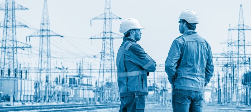 Two electrician at power grid. Generative AI technology.	