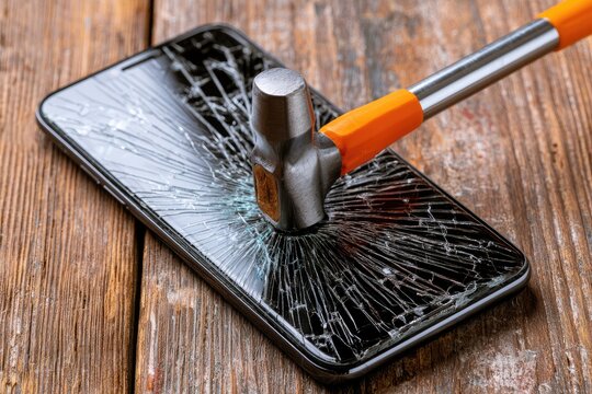 Metal hammer striking cracked screen of black smartphone on wood