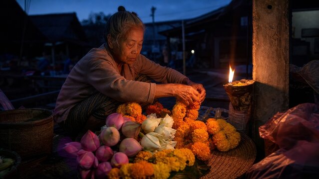 Chiang Mai market vendor arranges marigold garlands and lotus flowers by dawn light and incense glow a documentary street photo of authentic local life
