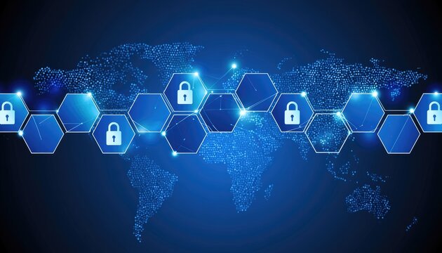 Global digital network with secure connections represented by glowing locks