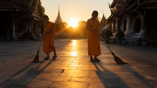 Novice Monks Sweep Chiang Mai Temple Courtyard at Dawn with Long Shadows