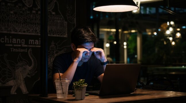Chiang Mai Night Cafe Solitude Young Man Rubbing Eyes Laptop Glow Warm Light Melancholy Scene