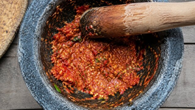 Chiang Mai Chili Paste Macro Shot Stone Mortar Natural Daylight Food Documentary Photography Style