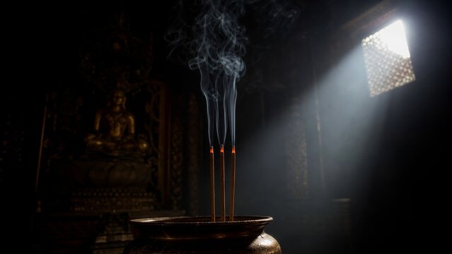 Chiang Mai temple incense sticks glow in dim light single beam highlights smoke trails minimalist documentary.