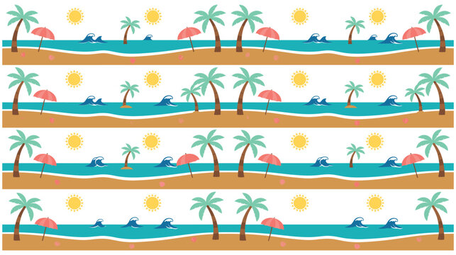 Tropical beach landscape border with palm trees sun and ocean waves.