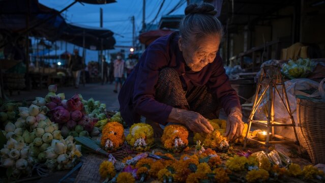 Chiang Mai Morning Market Vendor Arranges Marigold Garlands Lotus Flowers Dawn Light