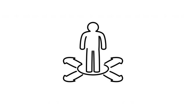 Minimalist outline animation of businessman standing on four crossways arrows icon drawing on and fading out. Features a clean pop up style in 3 color setups.