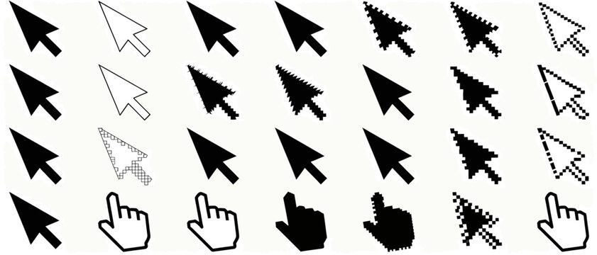 A comprehensive collection of diverse computer mouse cursor arrow and pointer icons for digital interface design and web navigation systems