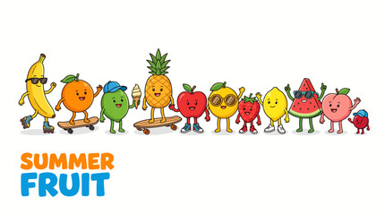 Naklejka premium Cheerful row of colorful cartoon summer fruits with smiling faces forming a playful banner