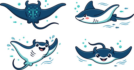 Cute Cartoon Stingray Character Clipart Collection Vector Featuring Friendly Kawaii Manta Ray Mascots Swimming Diving and Leaping with Bubbles © MdAsad