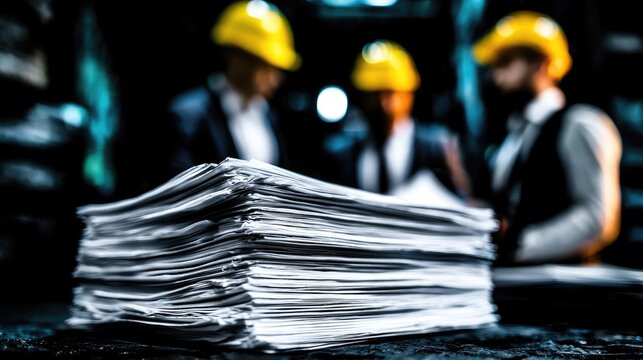 Focused stack of documents with blurred figures in hard hats observing