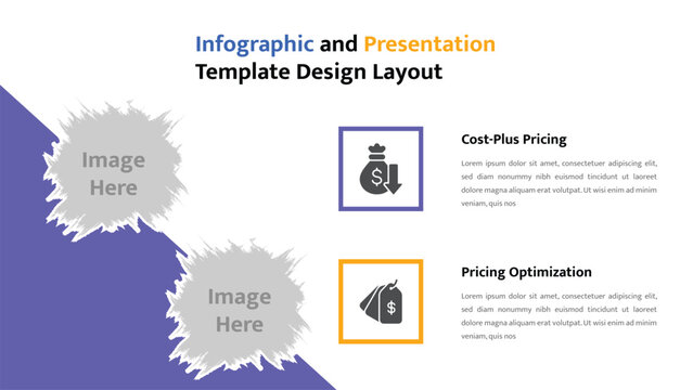 Business presentation template illustrating pricing strategies with two image placeholders and descriptive text