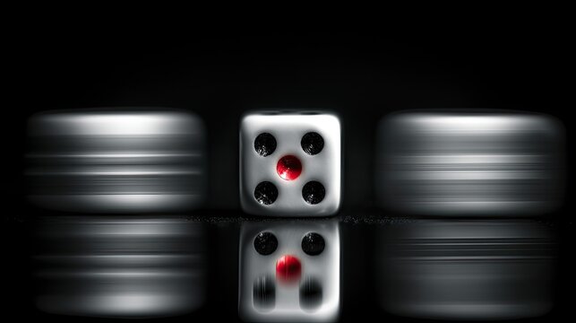 Close-up of a single white die with a red pips on one face, centered on a dark surface