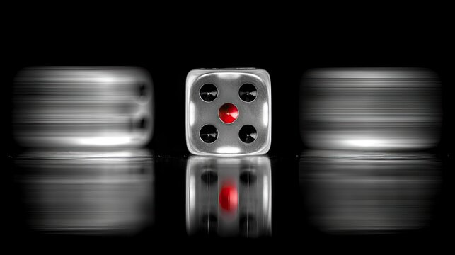 Three dice in motion, center die sharp, outer ones blurred, reflecting on surface