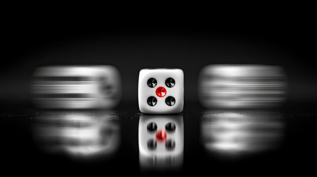 Single white die with red dots on black, blurred background