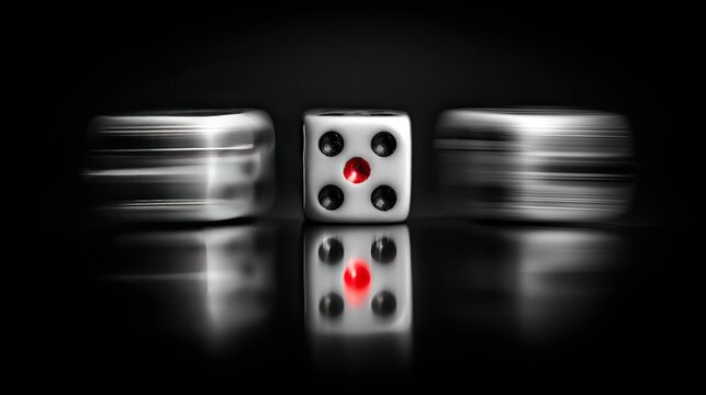 White die with red pips centered between two blurred metallic objects