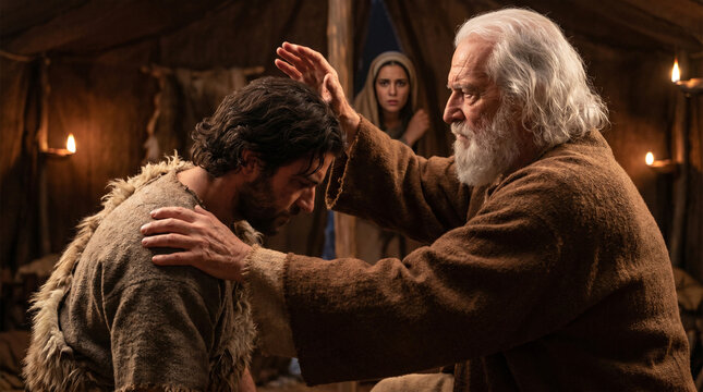 Biblical scene of Jacob receiving Isaac's blessing by deception in dimly lit tent