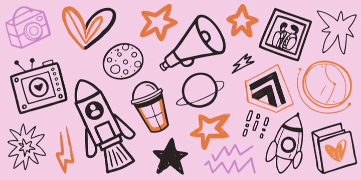 Doodle Illustration Of Various Objects In Orange And Black