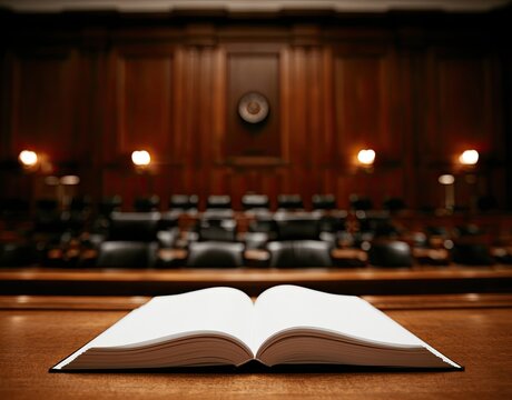An open book rests on a wooden desk in a dimly lit, formal chamber