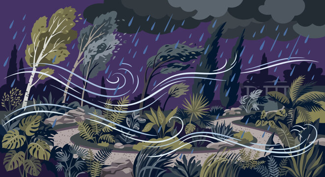Stormy landscape with heavy wind and rain blowing trees in a forest