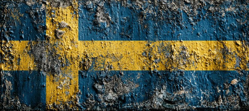 Sweden flag on rough grunge concrete wall texture. Country independence pride. Generative AI technology.	