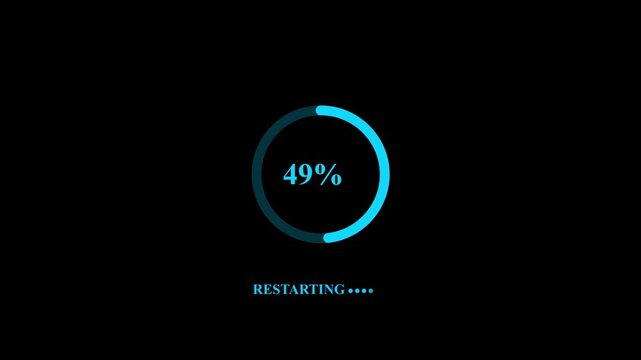 Computer software update finished at one hundred percent showing circular progress bar icon and system restarting status indicator
