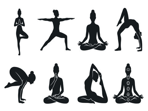 Yoga poses and wellness silhouette vector set featuring meditating women chakra energy points tree pose warrior stance crow pose and flexibility exercises