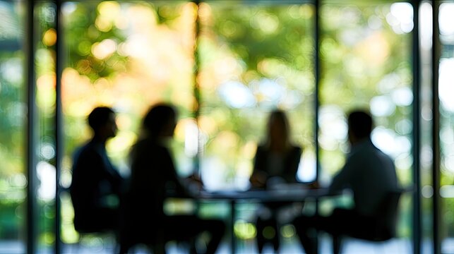 Silhouettes of people meeting around a table, blurred for professional ambiance
