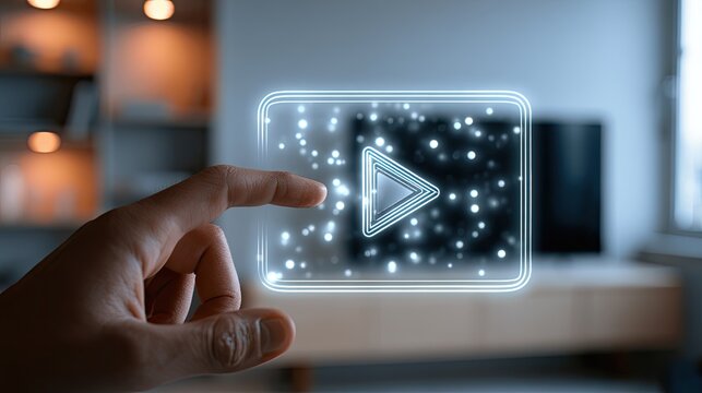 Finger pressing play button on glowing digital screen in modern room