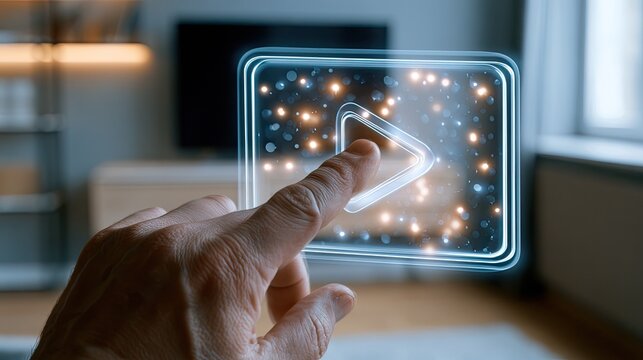 Finger presses holographic play button on a glowing interactive screen with bokeh
