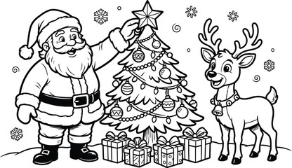 Santa claus reindeer and christmas tree line drawing illustration © BonyAmin