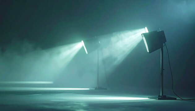 spotlights on dark stage with fog.