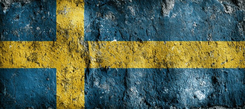 Sweden flag paint on grunge stone wall. Country independence pride. Generative AI technology.	