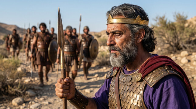 Saul leads his army through the wilderness hunting David, showing how jealousy and fear drive power away from justice, peace, and trust in God, Old Testament biblical scene