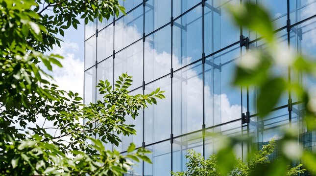 Modern office glass building facade reflecting blue sky and white clouds framed by fresh green tree leaves for sustainable corporate architecture concept