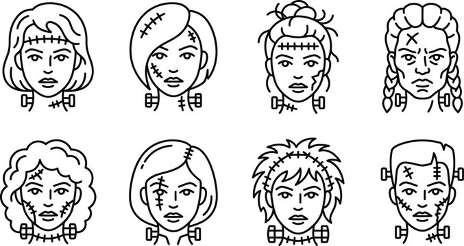 Frankenstein monster woman face vector line art icons set