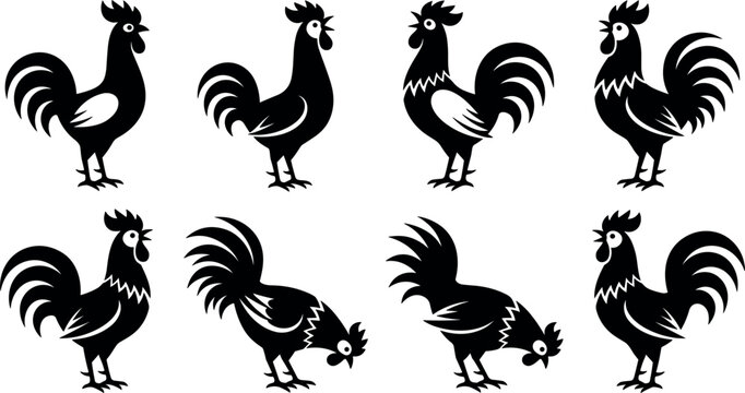 Black Rooster and Cockerel Silhouette Vector Set Featuring Crowing standing and Feeding Poultry Bird Icons for Farmhouse Decor and Agricultural Branding Logo Designs
